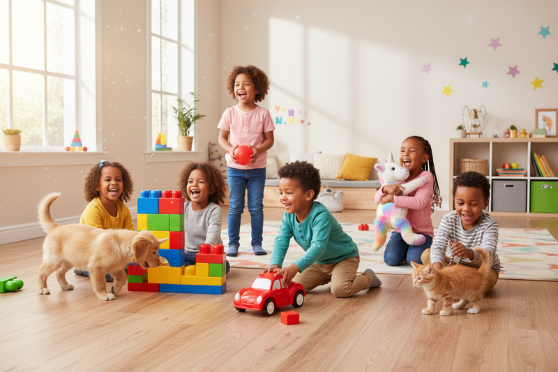 kids playing with toys and pets